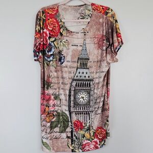 Shirt Top Women's British Big Ben‎ With Flowers Paris London One Size.A80